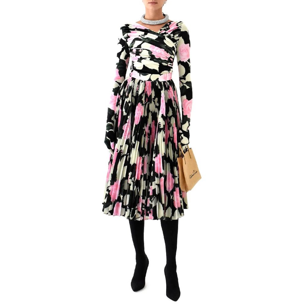 Richard Quinn Kylie Pleated Glove Sleeve Floral Print Dress in Black/Pink Size 8